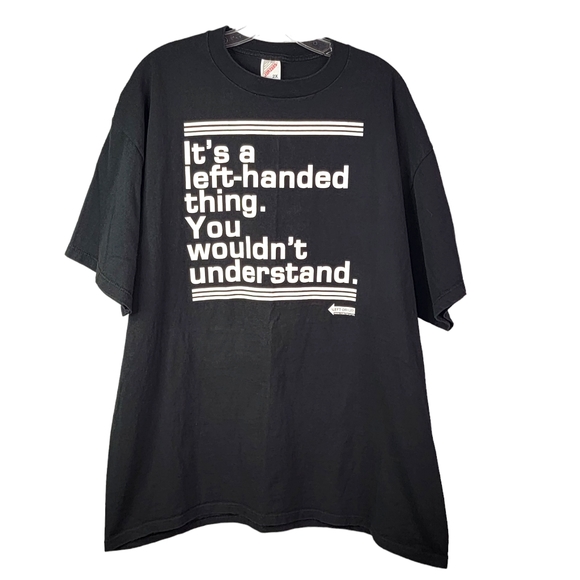 Left Handed Persons Graphic Gag Bold Print Vintage 90's Y2K Black T-Shit XXL - Picture 2 of 13